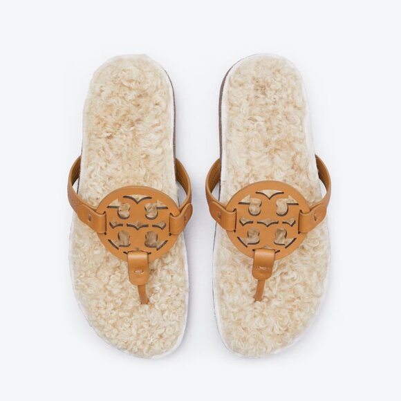 Tory Burch MILLER CLOUD Cork Shearling Sandals Flats - Picture 2 of 8